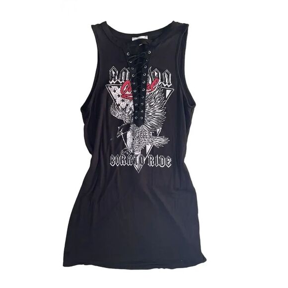 Charlotte Russe Dresses & Skirts - Charlotte Russe Black Lace-Up Rock n’ Roll Graphic Dress - Women (Size: Small)